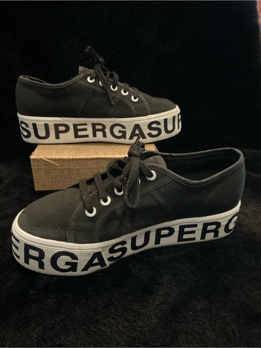 Superga 2790 COTU Black Canvas Platform Sneakers with Logo Sole Women’s 6.5